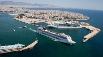 View of a large ship leaving Piraeus Port.