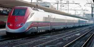 Fiumicino airport FL1 train arriving at the platform