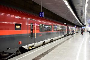Vienna airport OBB railjet train Vienna airport OBB railjet train departing from the airport
