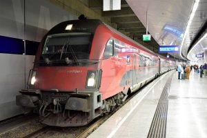 Vienna airport OBB railjet train Vienna airport OBB railjet train arriving at the platform