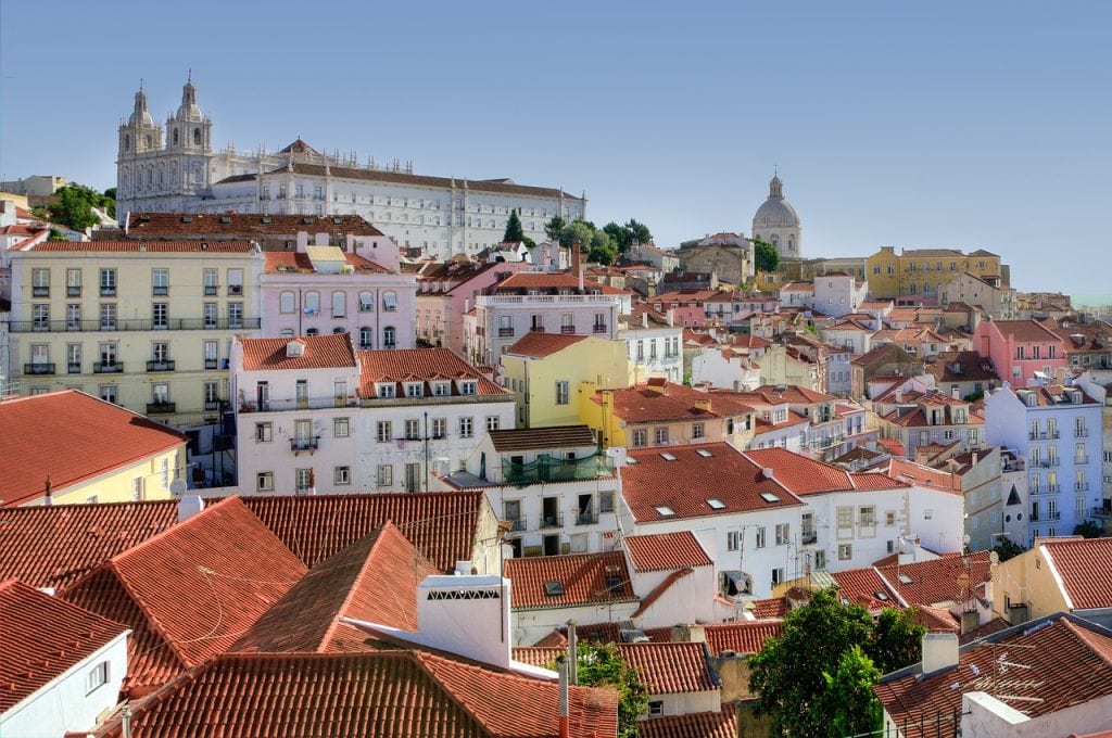 Wide horizon shot Alfama, the oldest neighborhood of Lisbon, Portugal.