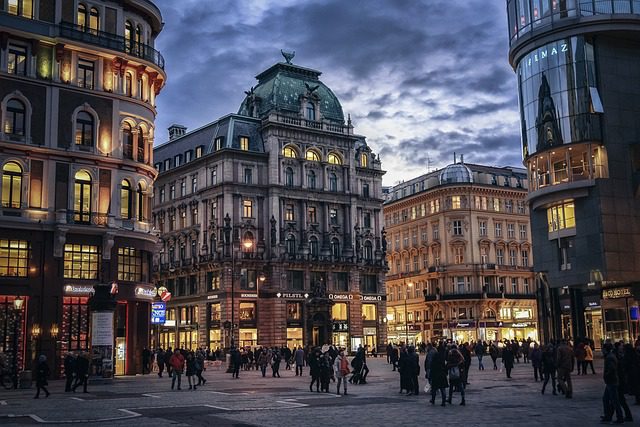 Vienna buildings at night.