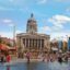 Central Nottingham, view of market square with blue skies above.
