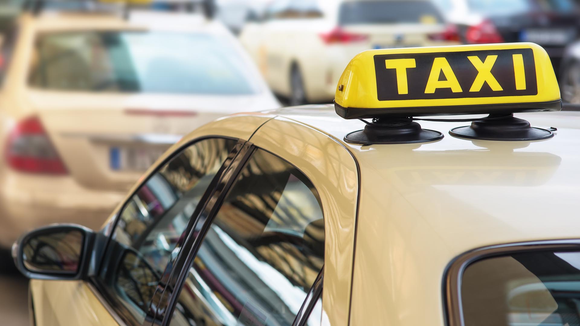 signature yellow black taxi sign on pale yellow cabs
