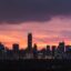 city skyline under a pink yellow and purple sky