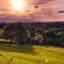 green field area with some animals around, lots of green trees and a stunning pink and purple sky with the sun rays shining through the clouds