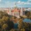 Distant view of the Hannover city hall during daytime with water reflection in the front