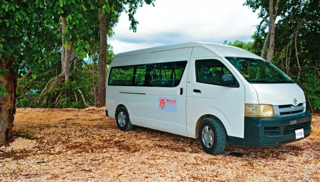 Belize Taxi (Minivan) parked in an area that is surrounded by trees