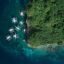 aerial view of boats in water and greenery on land in Moalboal, Philippines