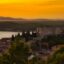 An orange sunset sky over the water with a tree-filled city in the foreground.