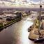 Aerial view of the River Clyde in Glasgow, with Glasgow Tower in the forefront.