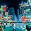 People walking across a zebra crossing with tall building lit up by neon lights in the background.
