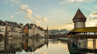 The city of Lucerne reflected in the Reuss River