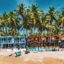 View of Palolem Beach with colorful huts along the shore and large palms behind.