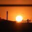 The sun setting against an orange sky