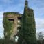 Vine covered remains of a former building in front of a cloud covered sky.