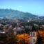 A view of Plovdiv city with houses and trees set against a mountain in the background.