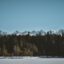 Snow capped mountains stand tall behind towering trees and a snow covered ground