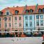 Colorful buildings a plaza in Bydgoszcz, Poland.