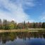 A tree-lined lake in Autumn, its mirror image reflected in the still water.