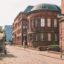 Buildings and a cobblestone street in Freiburg, Germany.
