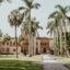 Tall palm trees line a sunny sidewalk outside a building in Sarasota, FL, USA.