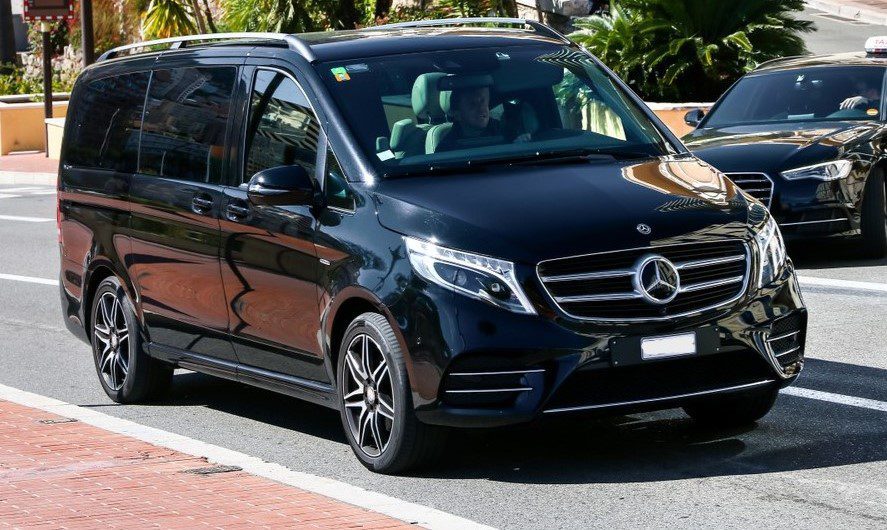 dubrovnik-minivan A black Mercedes minivan driving down a road lined with palms.