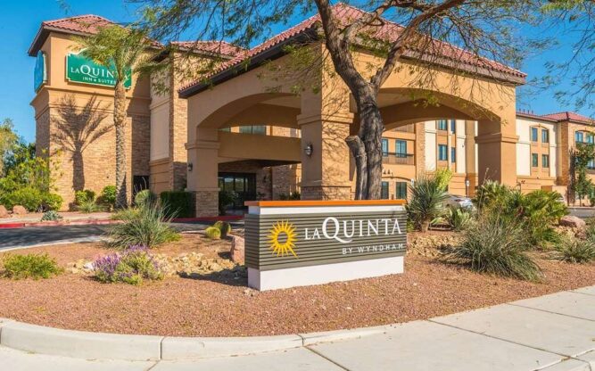 The terracotta brick entrance to the La Quinta Inn & Suites Las Vegas Airport Hotel