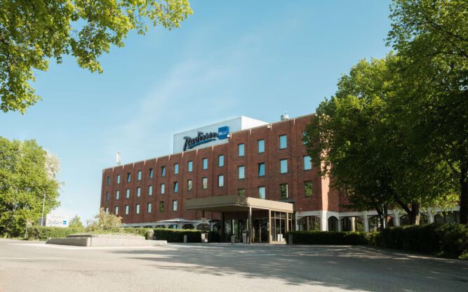 An exterior view of the Radisson Blu Arlandia Hotel at Stockholm Airport