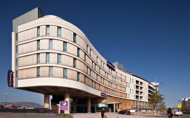 Street view of the Premier Inn Belfast Titanic Quarter hotel