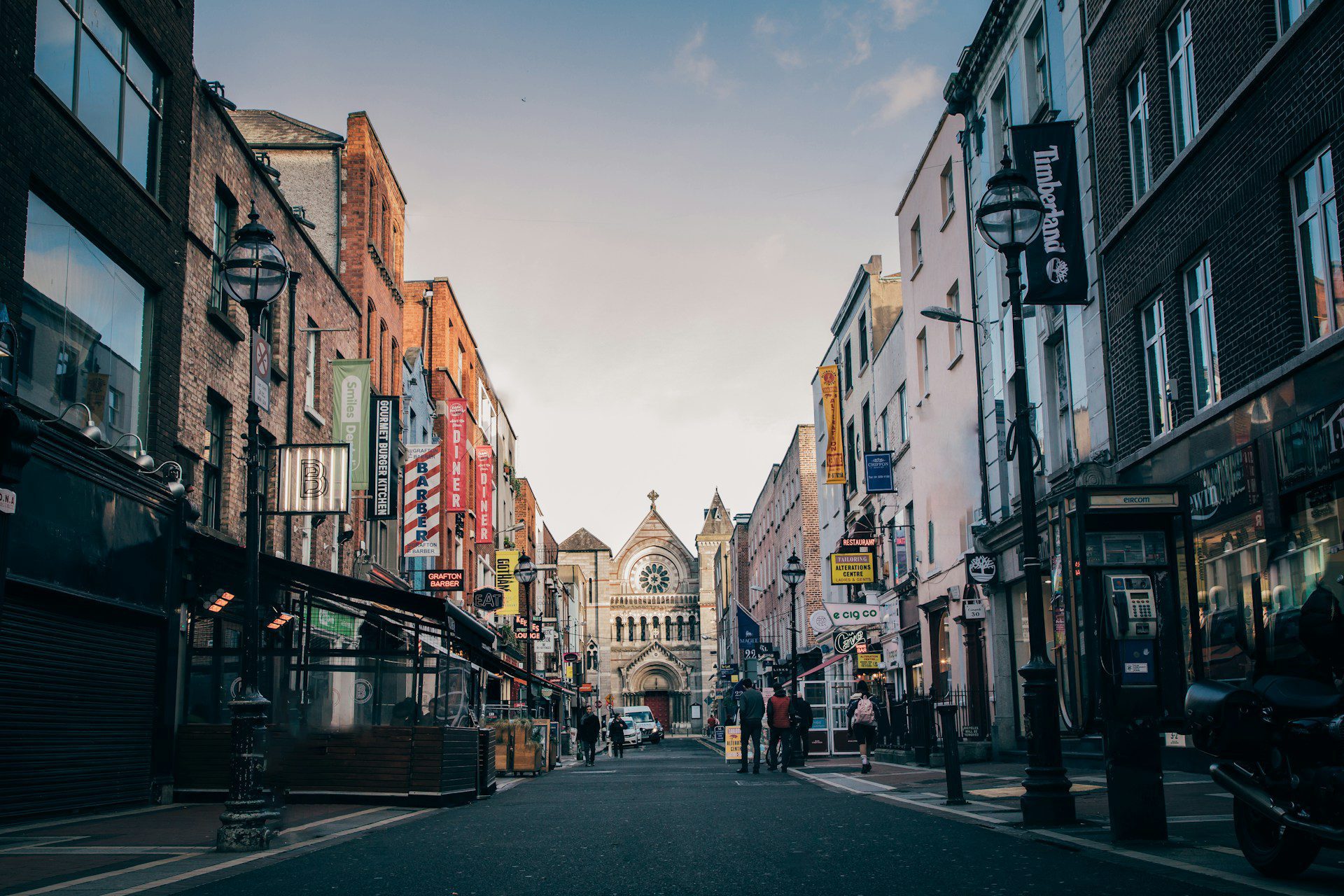 View of Dublin high street, with charming buildings lining the street.