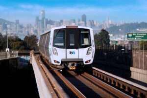 bart-train-san-francisco BART train on tracks with San Francisco on the background