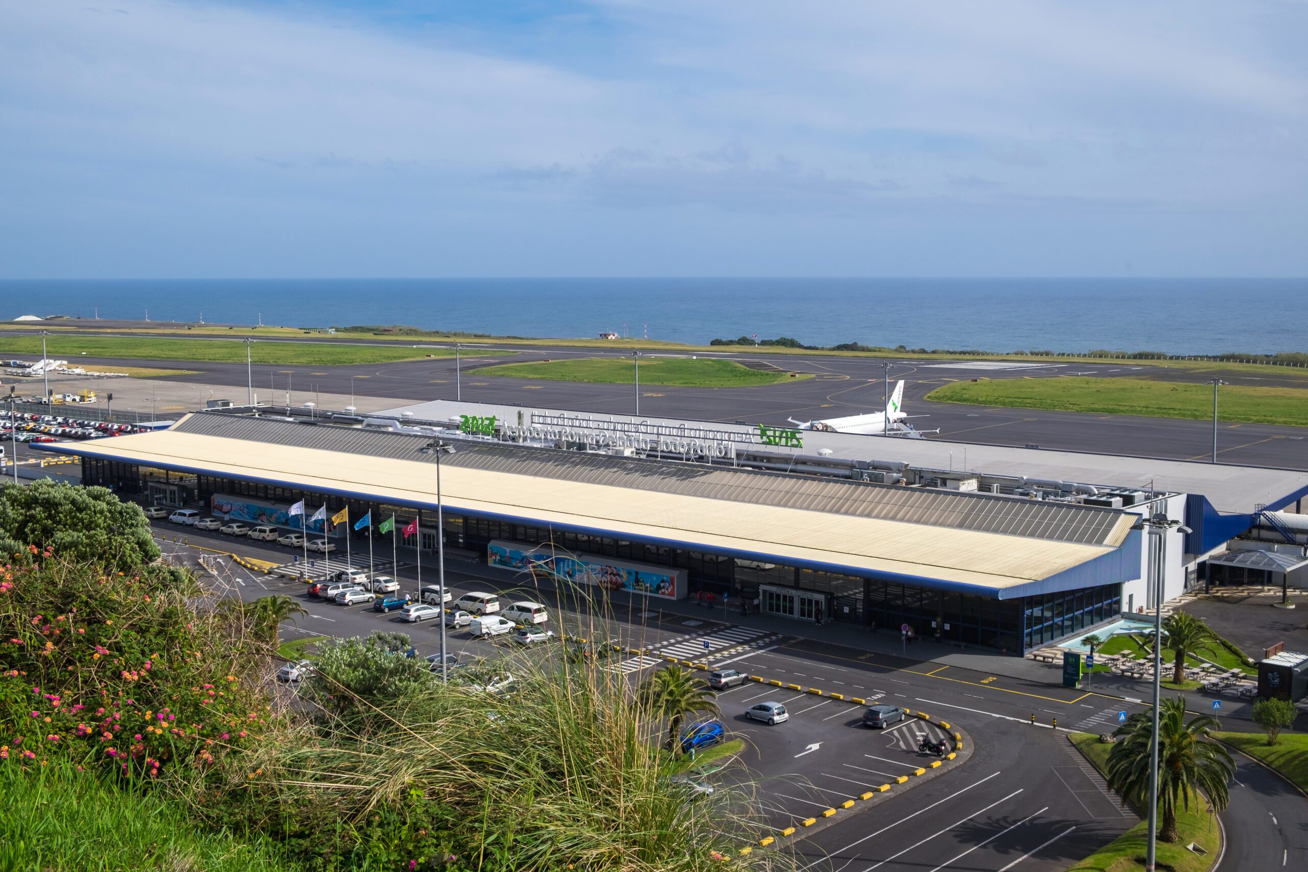 Beautiful view of Ponta Delgada airport against the sky and the ocean.