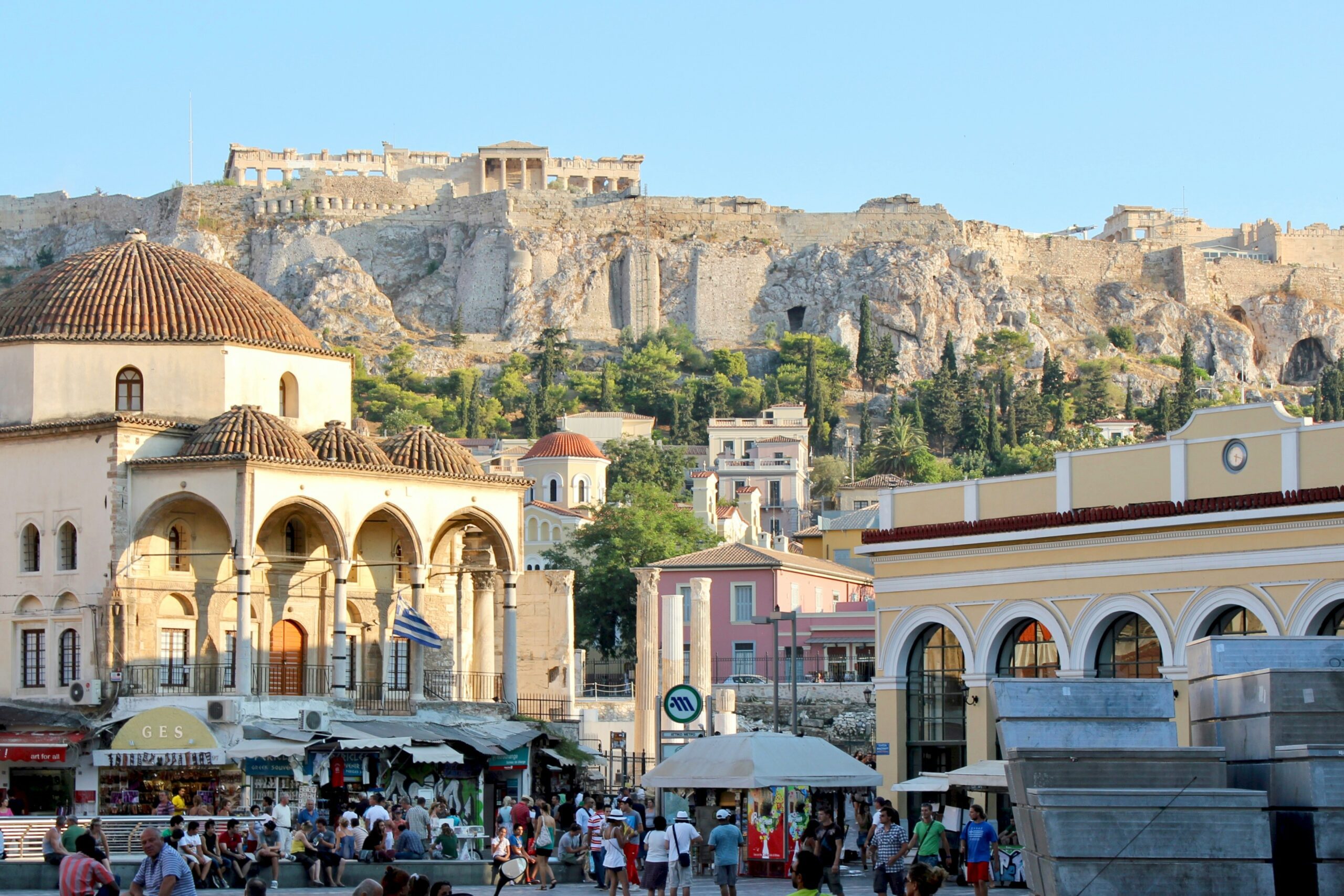 View of a square at Golden Hour in central Athens.