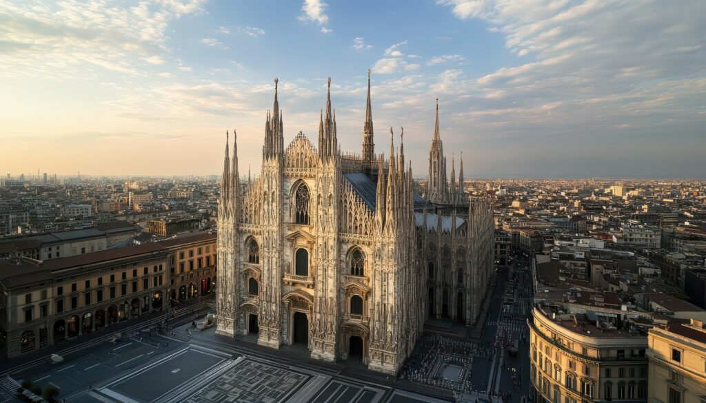 Panoramic view of the Gothic Milan Cathedral and the surrounding city square at dusk, ideal for fashion travelers following a Devil Wears Prada 2 itinerary.