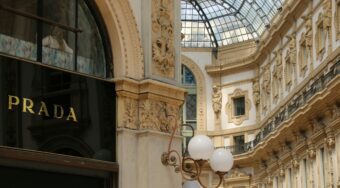 The luxury Prada storefront inside the historic Galleria Vittorio Emanuele II in Milan, Italy; a perfect setting for the highly anticipated Devil Wears Prada 2 sequel.