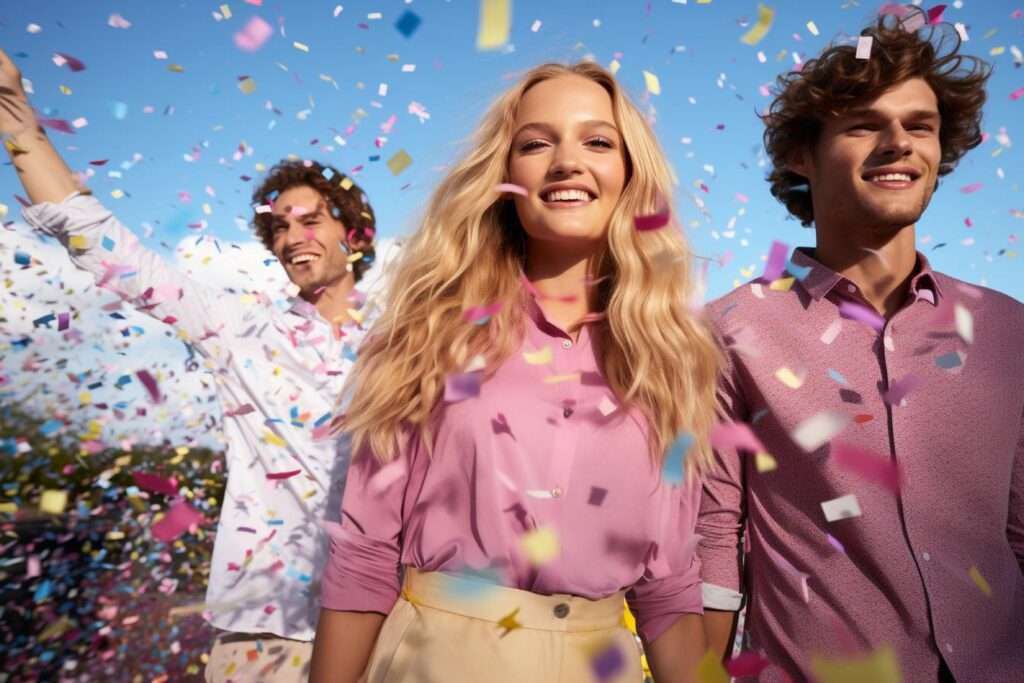 Happy friends celebrating outdoors with colorful confetti, representing the excitement of traveling for the Eurovision 2026 events.