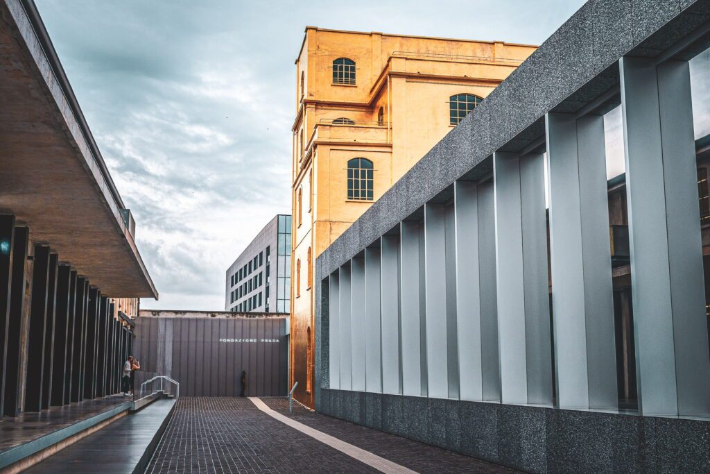 Modern architecture of the Fondazione Prada art and culture complex in Milan, Italy.