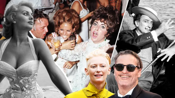 Collage of iconic celebrities from Venice Film Festival history, featuring Sophia Loren, Elizabeth Taylor, Salvador Dali, Tilda Swinton, and Joaquin Phoenix.